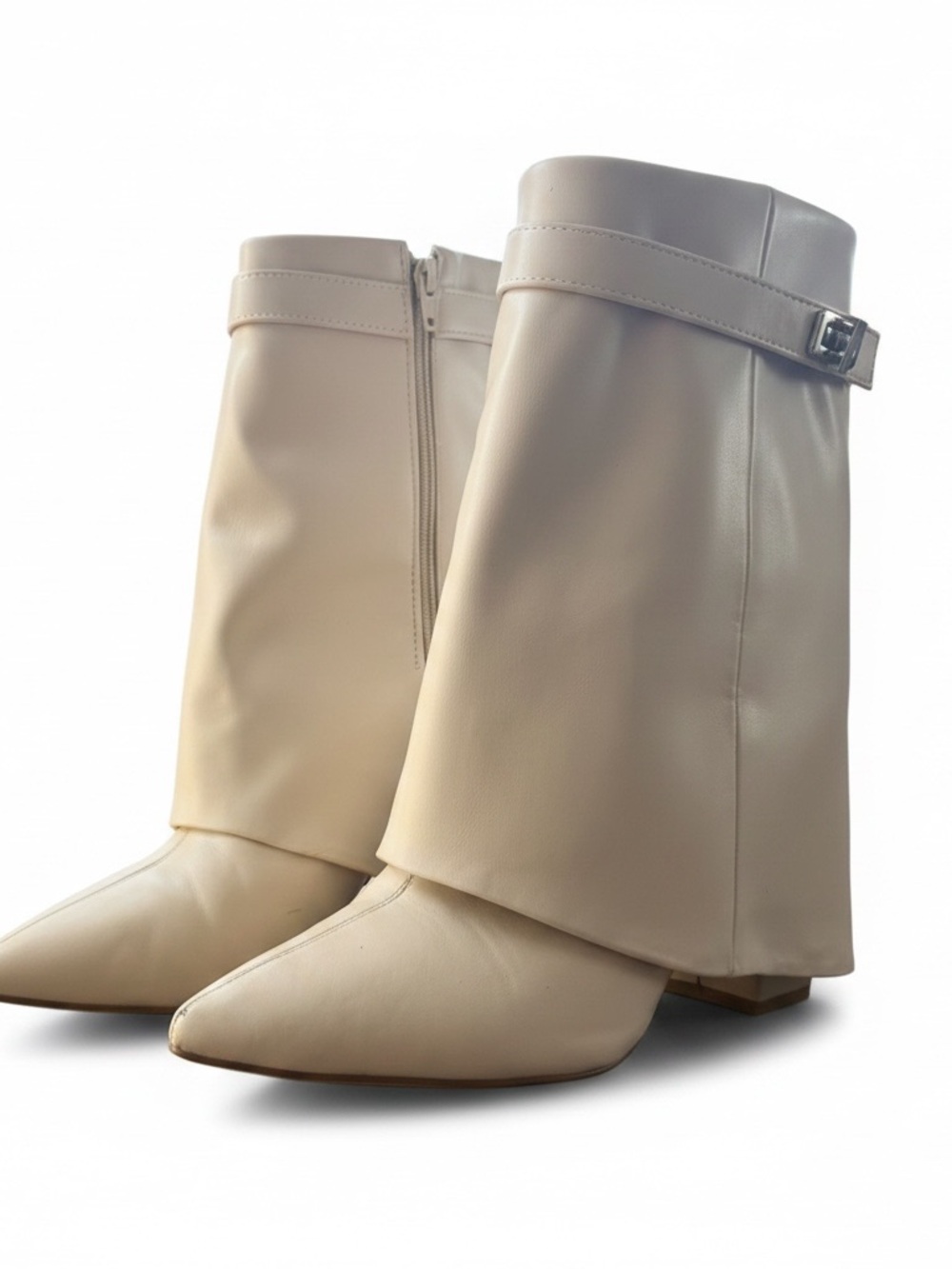 Public Desire Cream Pointed Mid-Calf Buckle Boots